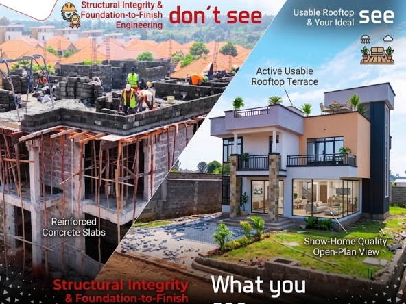 Modern single-story flat-roof bungalow with outdoor rooftop deck and open-plan living layout in Kenya