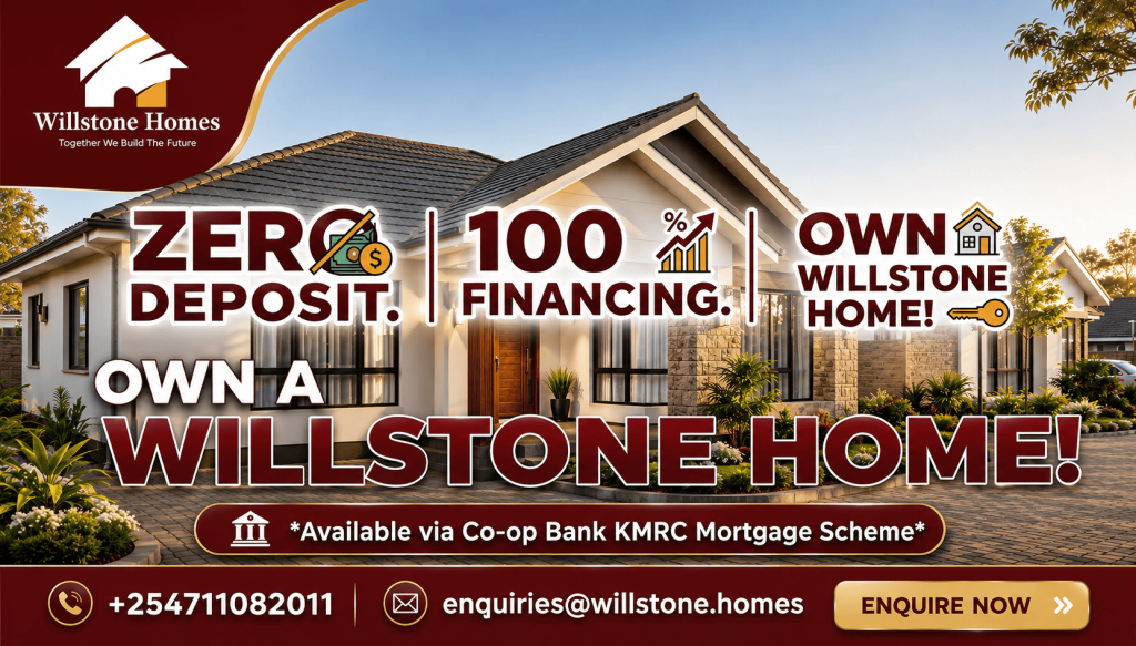 Co-op Bank KMRC 100% mortgage financing banner for Willstone Homes gated community properties in Kenya