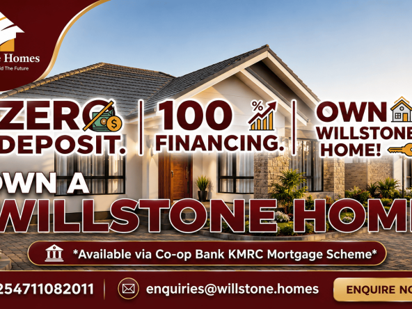 Co-op Bank KMRC 100% mortgage financing banner for Willstone Homes gated community properties in Kenya