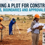Kenyan land surveyor and site engineers inspecting plot boundaries and soil before construction