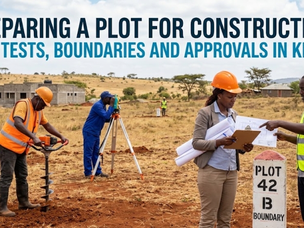 Kenyan land surveyor and site engineers inspecting plot boundaries and soil before construction