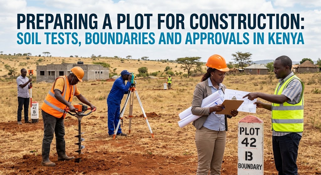Kenyan land surveyor and site engineers inspecting plot boundaries and soil before construction